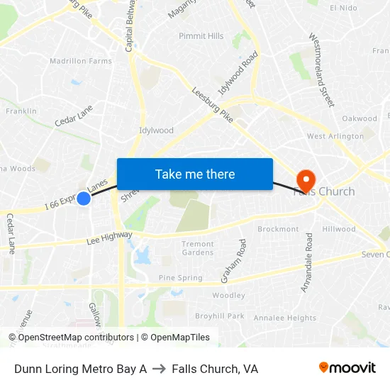 Dunn Loring Metro Bay A to Falls Church, VA map