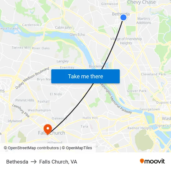 Bethesda to Falls Church, VA map