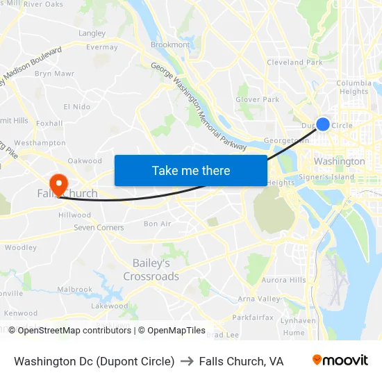 Washington Dc (Dupont Circle) to Falls Church, VA map