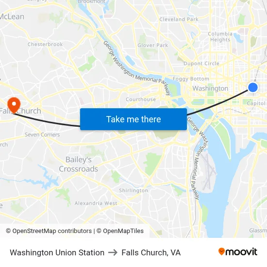 Washington Union Station to Falls Church, VA map