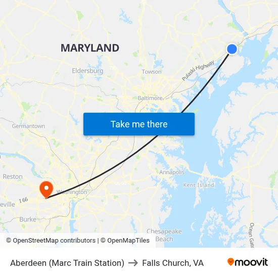 Aberdeen (Marc Train Station) to Falls Church, VA map