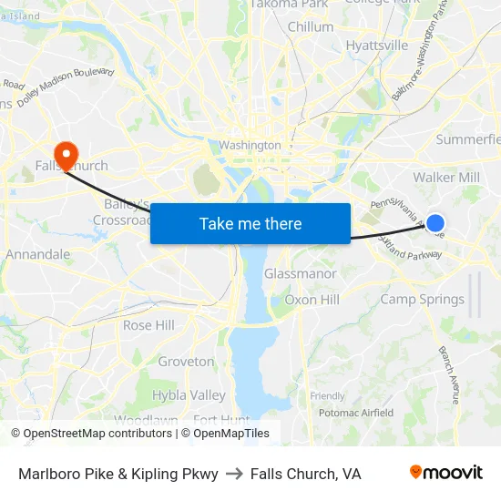 Marlboro Pike & Kipling Pkwy to Falls Church, VA map