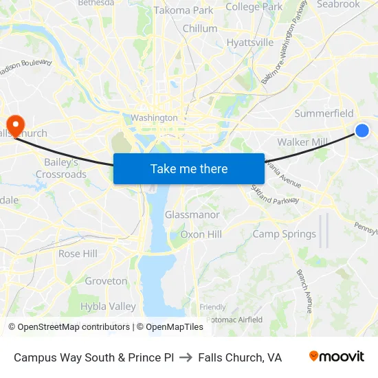 Campus Way South & Prince Pl to Falls Church, VA map