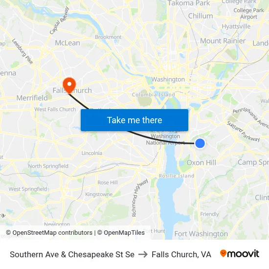 Southern Ave & Chesapeake St Se to Falls Church, VA map