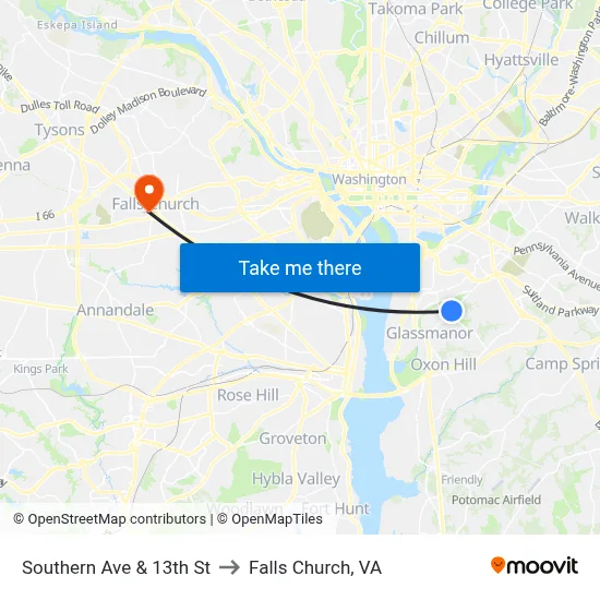 Southern Ave & 13th St to Falls Church, VA map