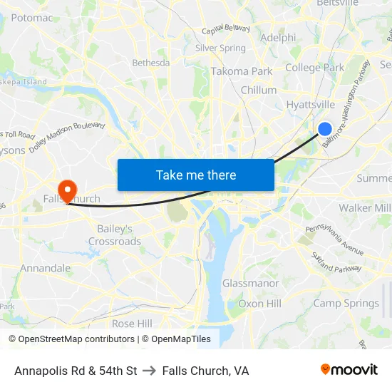 Annapolis Rd & 54th St to Falls Church, VA map