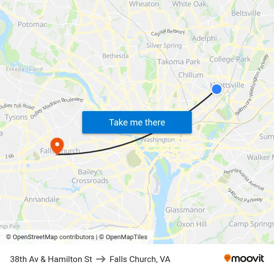 38th Av & Hamilton St to Falls Church, VA map