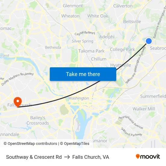 Southway & Crescent Rd to Falls Church, VA map
