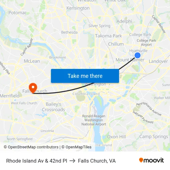 Rhode Island Av & 42nd Pl to Falls Church, VA map