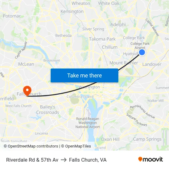 Riverdale Rd & 57th Av to Falls Church, VA map