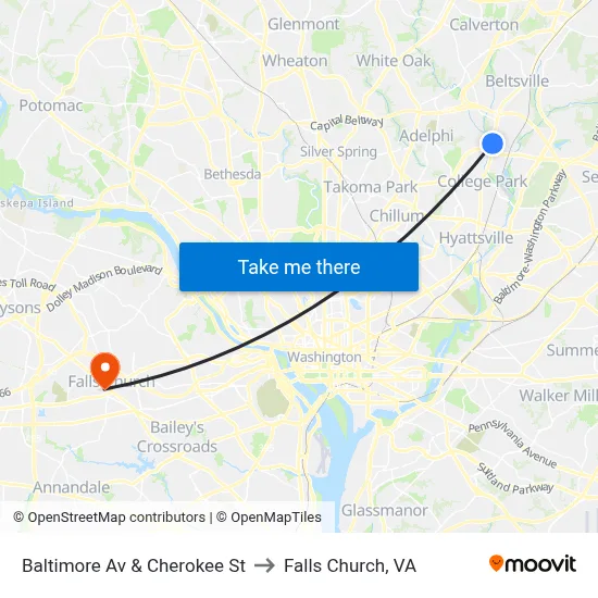 Baltimore Av & Cherokee St to Falls Church, VA map