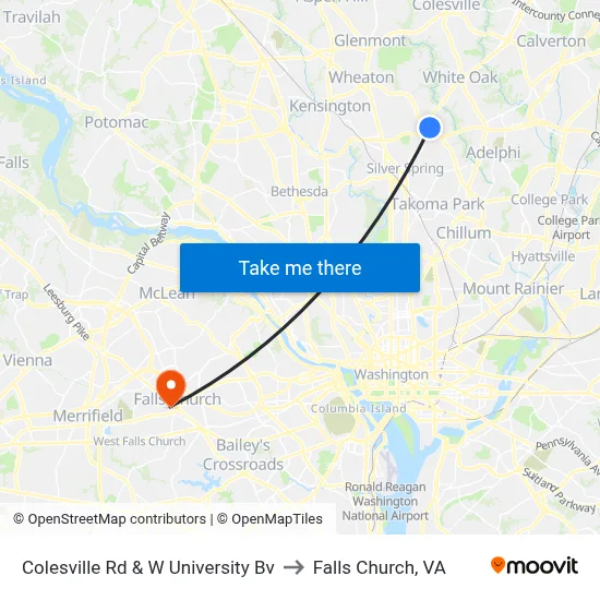 Colesville Rd & W University Bv to Falls Church, VA map