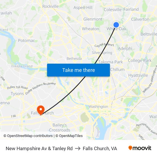 New Hampshire Av & Tanley Rd to Falls Church, VA map