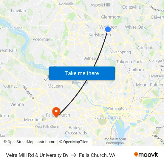 Veirs Mill Rd & University Bv to Falls Church, VA map