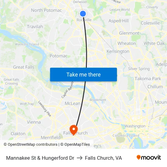 Mannakee St & Hungerford  Dr to Falls Church, VA map