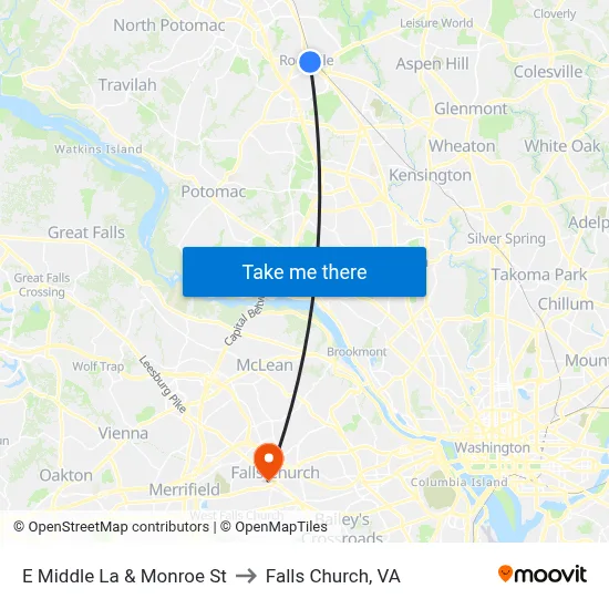 E Middle La & Monroe St to Falls Church, VA map