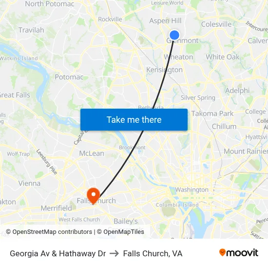Georgia Av & Hathaway Dr to Falls Church, VA map