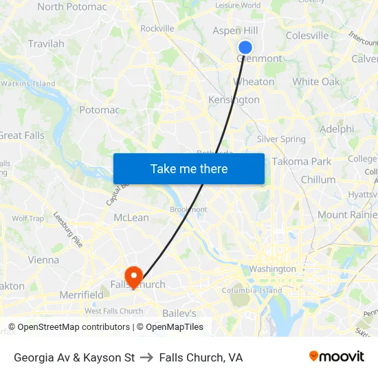 Georgia Av & Kayson St to Falls Church, VA map