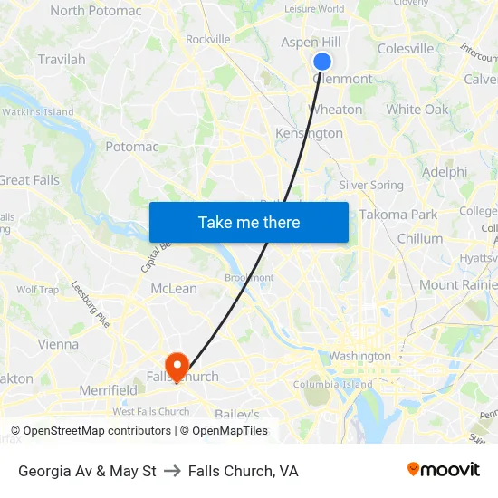 Georgia Av & May St to Falls Church, VA map