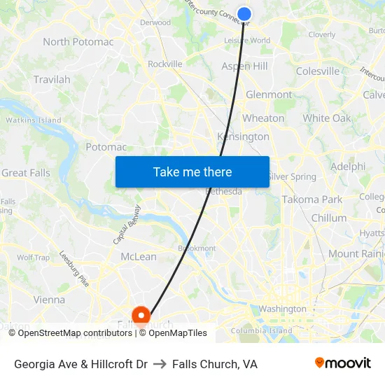 Georgia Ave & Hillcroft Dr to Falls Church, VA map