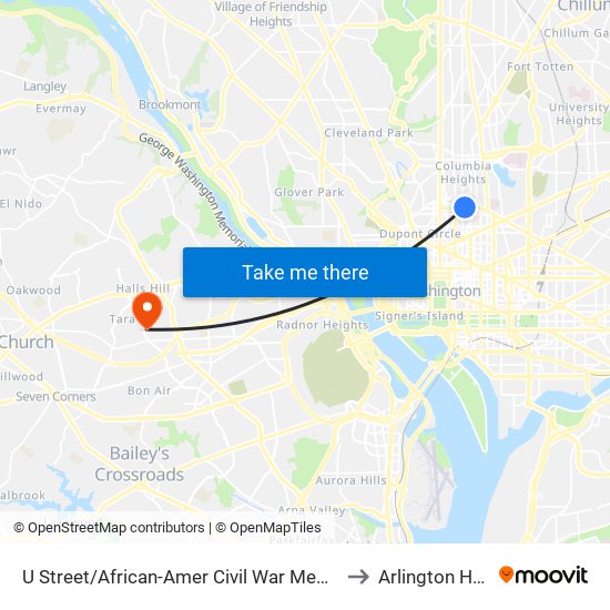 U Street/African-Amer Civil  War Memorial/ Cardozo to Arlington Hospital map