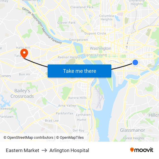 Eastern Market to Arlington Hospital map