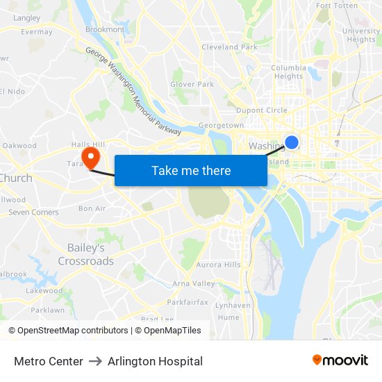 Metro Center to Arlington Hospital map