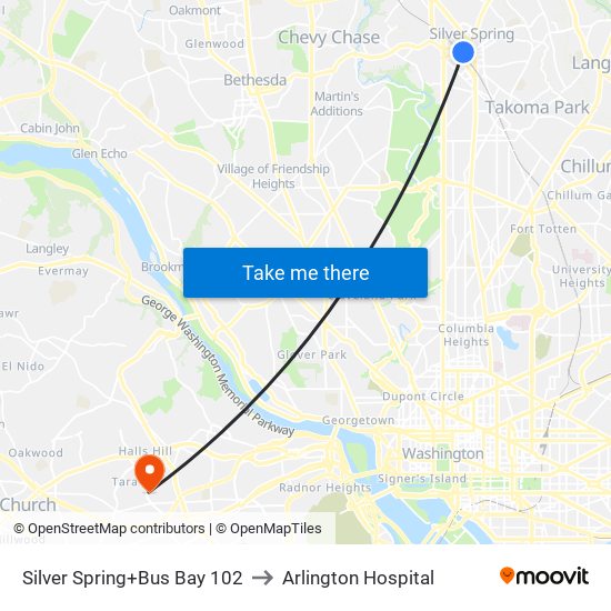 Silver Spring+Bus Bay 102 to Arlington Hospital map