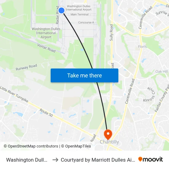 Washington Dulles Airport to Courtyard by Marriott Dulles Airport Chantilly map