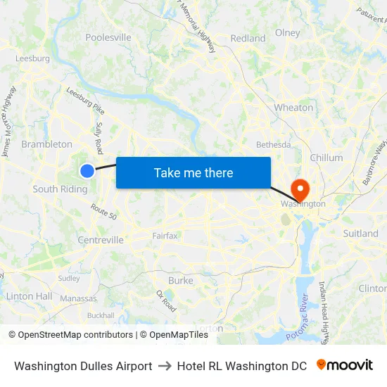 Washington Dulles Airport to Hotel RL Washington DC map