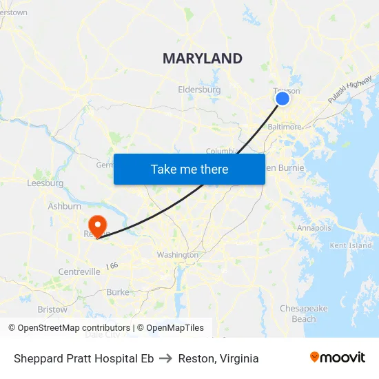 Sheppard Pratt Hospital Eb to Reston, Virginia map