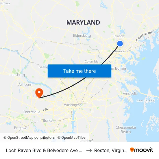 Loch Raven Blvd & Belvedere Ave Sb to Reston, Virginia map