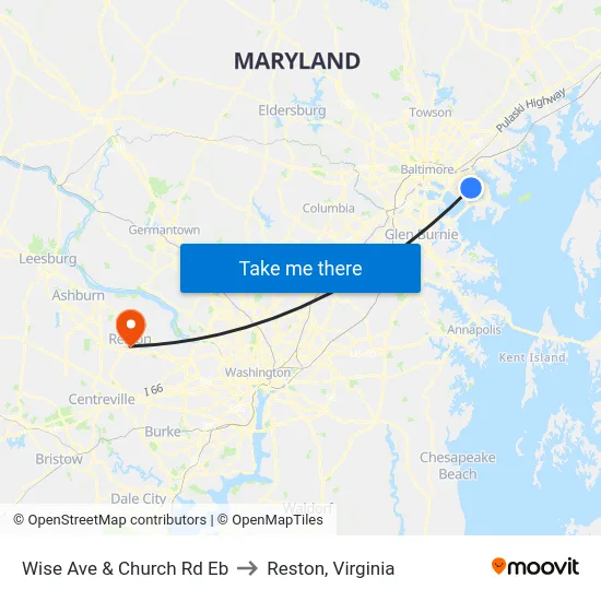 Wise Ave & Church Rd Eb to Reston, Virginia map