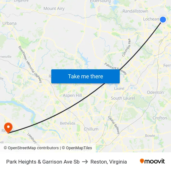 Park Heights & Garrison Ave Sb to Reston, Virginia map