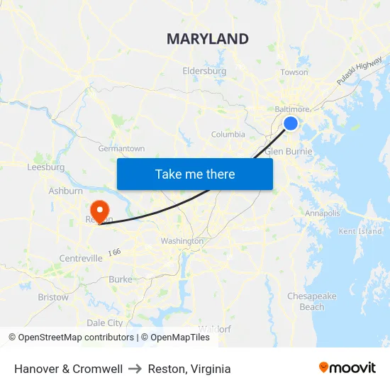 Hanover & Cromwell to Reston, Virginia map