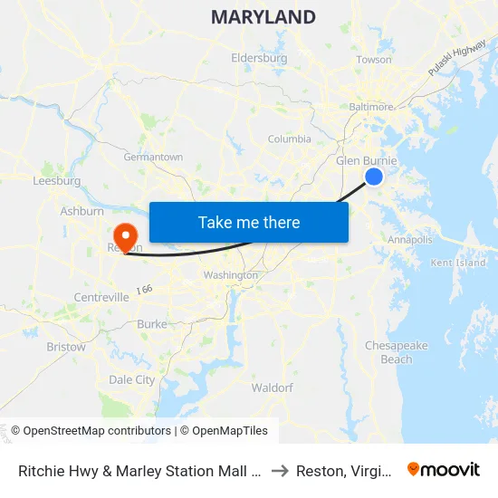 Ritchie Hwy & Marley Station Mall Sb to Reston, Virginia map