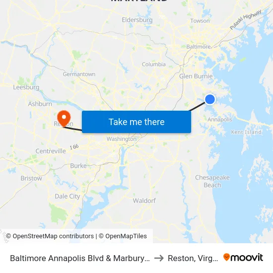 Baltimore Annapolis Blvd & Marbury Rd Sb to Reston, Virginia map