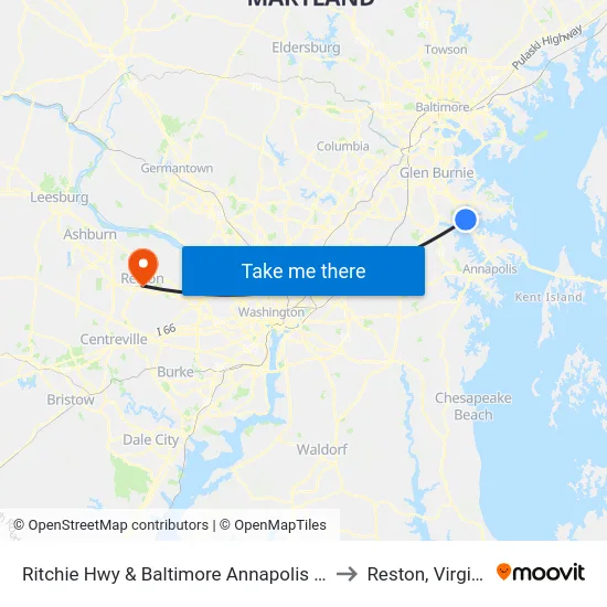 Ritchie Hwy & Baltimore Annapolis Blvd to Reston, Virginia map