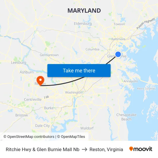 Ritchie Hwy & Glen Burnie Mall Nb to Reston, Virginia map