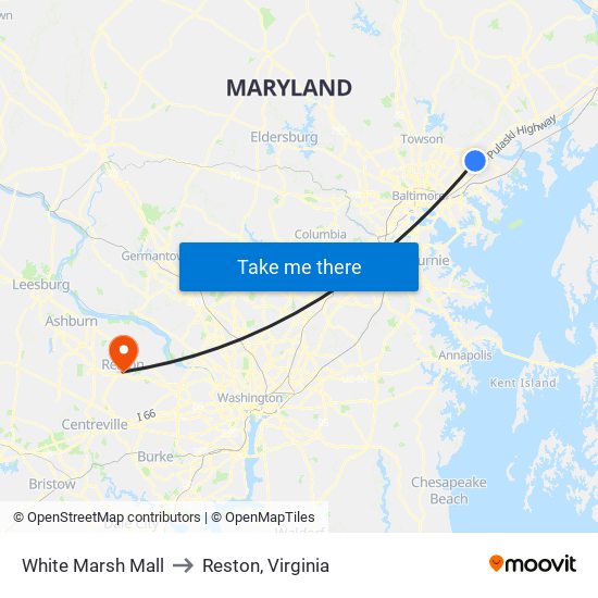 White Marsh Mall to Reston, Virginia map