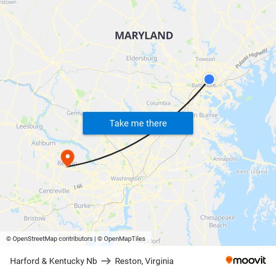 Harford & Kentucky Nb to Reston, Virginia map