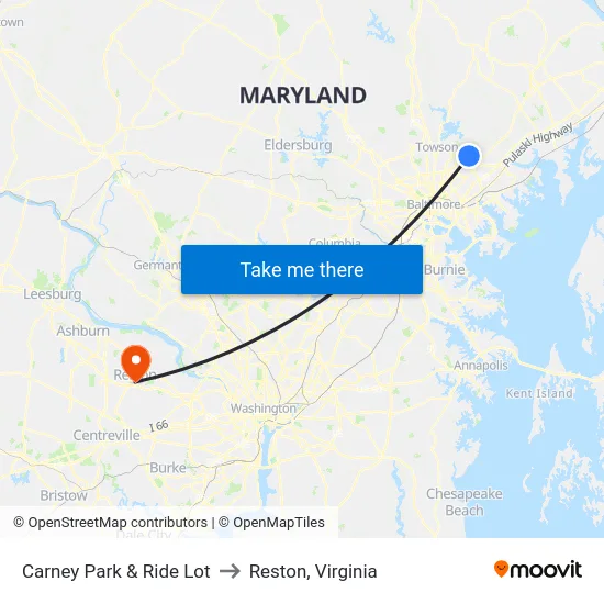Carney Park & Ride Lot to Reston, Virginia map
