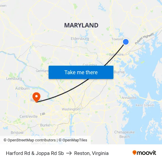 Harford Rd & Joppa Rd Sb to Reston, Virginia map