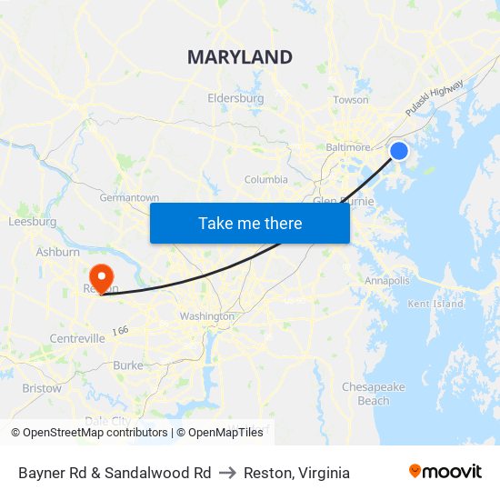 Bayner Rd & Sandalwood Rd to Reston, Virginia map