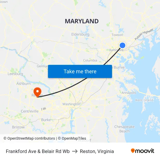 Frankford Ave & Belair Rd Wb to Reston, Virginia map