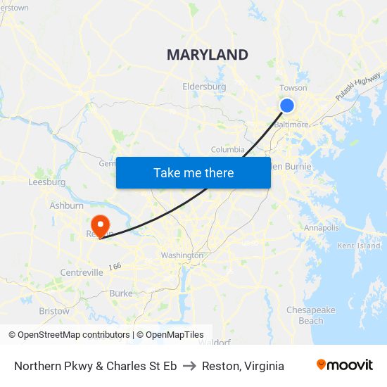 Northern Pkwy & Charles St Eb to Reston, Virginia map