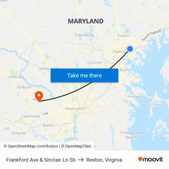 Frankford Ave & Sinclair Ln Sb to Reston, Virginia map