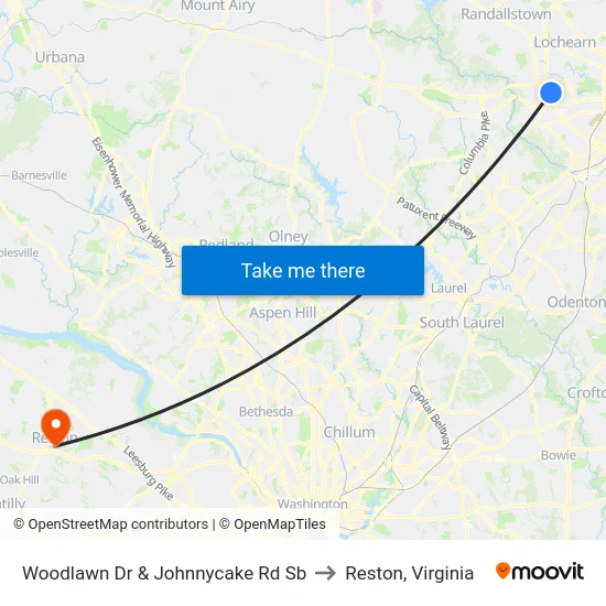 Woodlawn Dr & Johnnycake Rd Sb to Reston, Virginia map