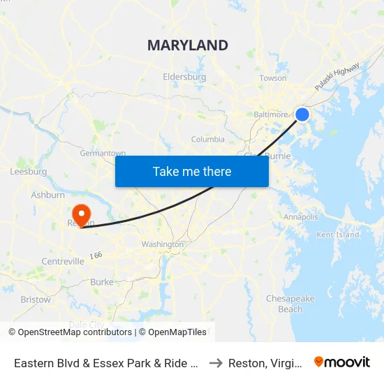Eastern Blvd & Essex Park & Ride Wb to Reston, Virginia map