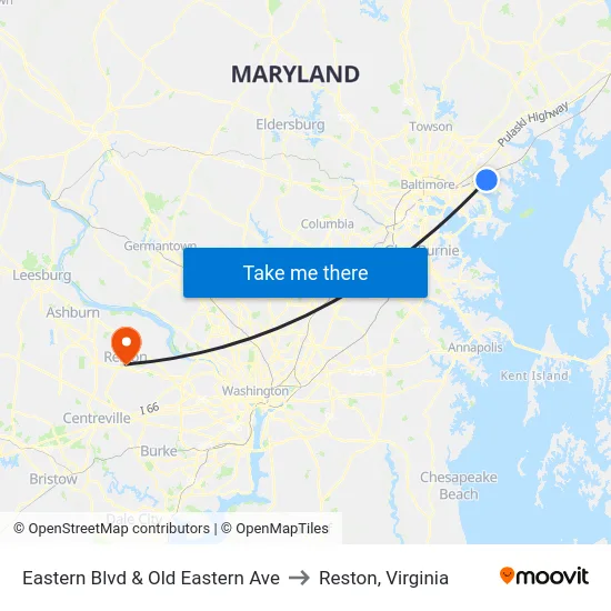 Eastern Blvd & Old Eastern Ave to Reston, Virginia map
